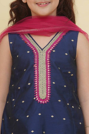 Girl's Blue Woven Silk Kurta Set