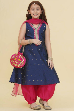 Girl's Blue Woven Silk Kurta Set