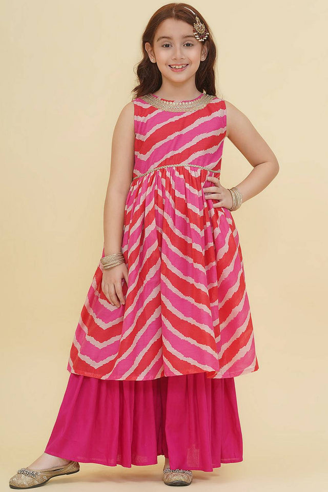 Girl's Pink Leheriya Printed Silk Kurta Set