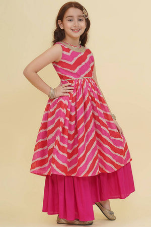Girl's Pink Leheriya Printed Silk Kurta Set