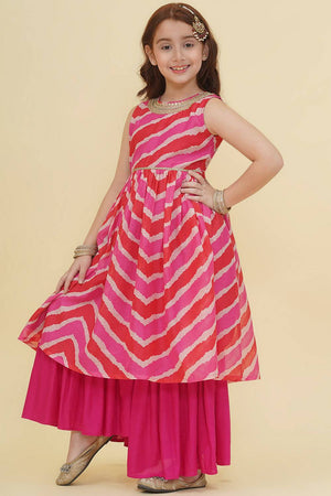 Girl's Pink Leheriya Printed Silk Kurta Set