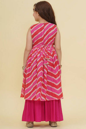 Girl's Pink Leheriya Printed Silk Kurta Set