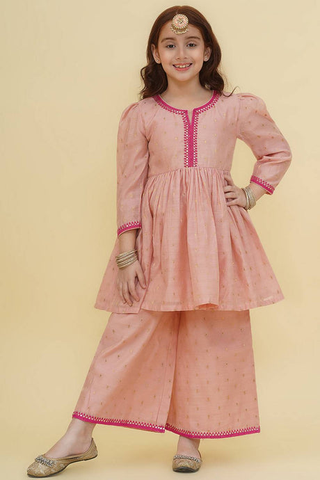 Girl's Pink Woven Silk Kurta Set