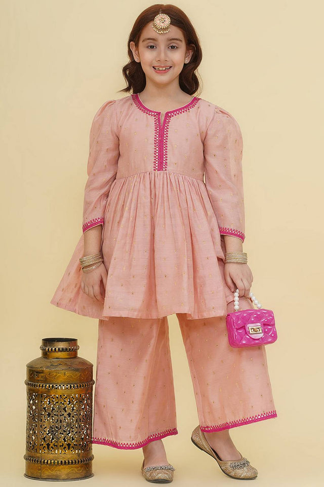 Girl's Pink Woven Silk Kurta Set (N2ZTKS242)