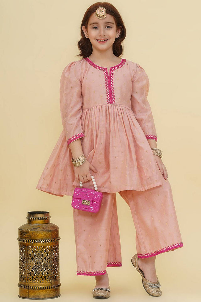 Girl's Pink Woven Silk Kurta Set (N2ZTKS242)