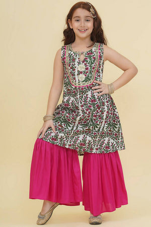 Girl's Multi-Color Floral Printed Cotton Kurta Set