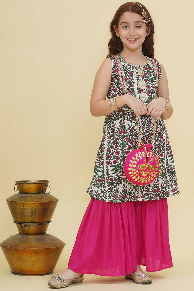 Girl's Multi-Color Floral Printed Cotton Kurta Set