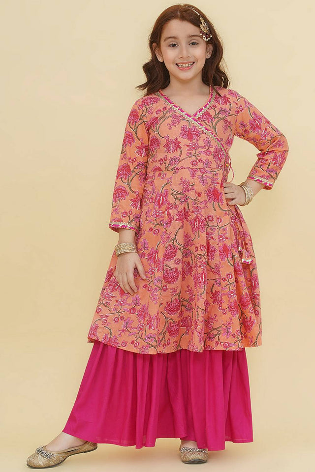Girl's Peach Floral Printed Cotton Kurta Set