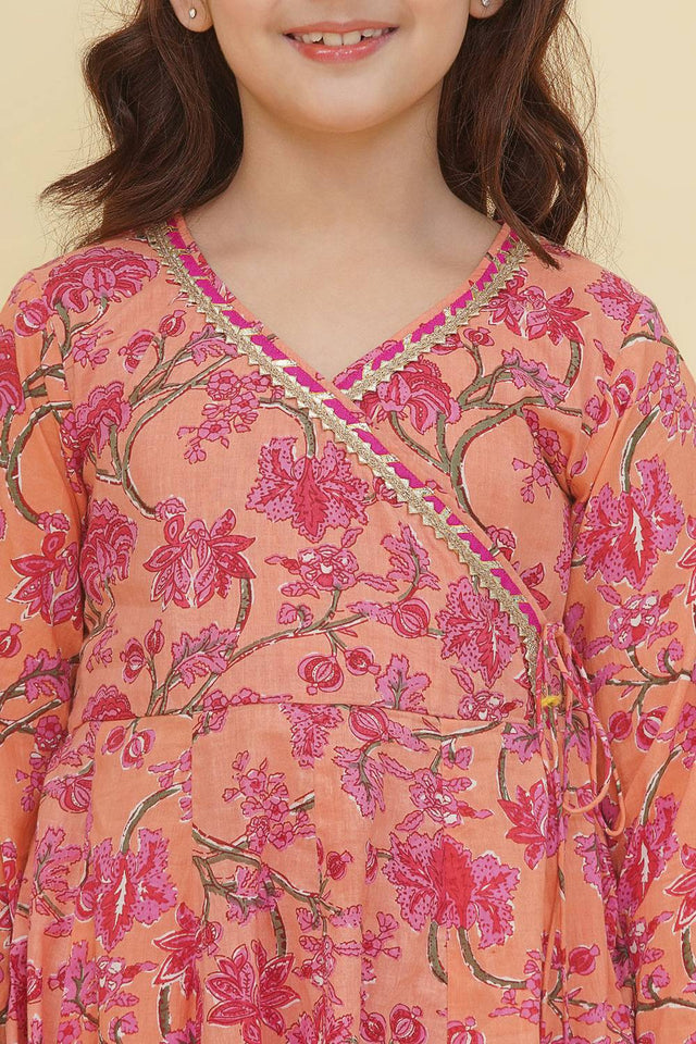 Girl's Peach Floral Printed Cotton Kurta Set