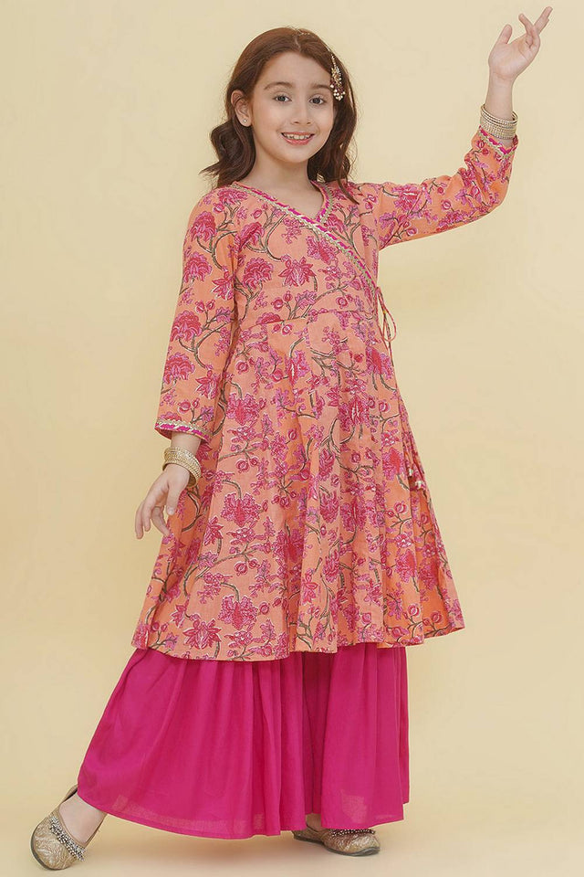 Girl's Peach Floral Printed Cotton Kurta Set