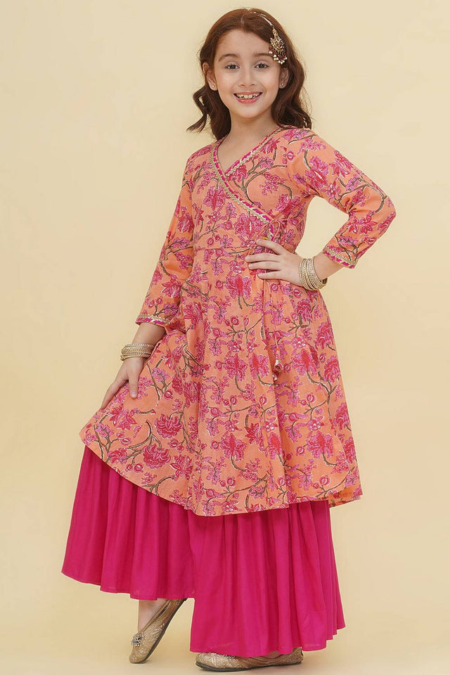 Girl's Peach Floral Printed Cotton Kurta Set