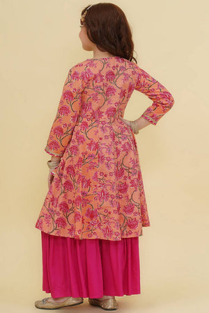 Girl's Peach Floral Printed Cotton Kurta Set