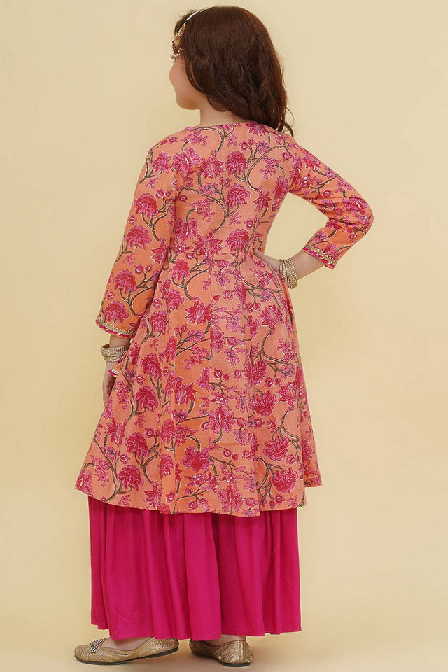 Girl's Peach Floral Printed Cotton Kurta Set