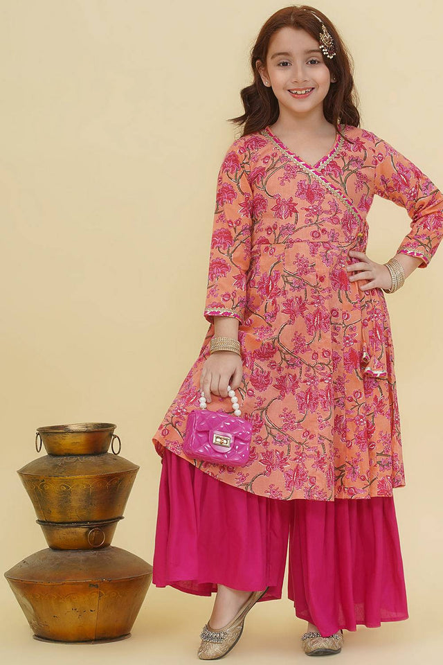 Girl's Peach Floral Printed Cotton Kurta Set