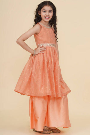 Girl's Peach Woven Silk Kurta Set