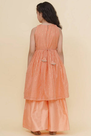 Girl's Peach Woven Silk Kurta Set
