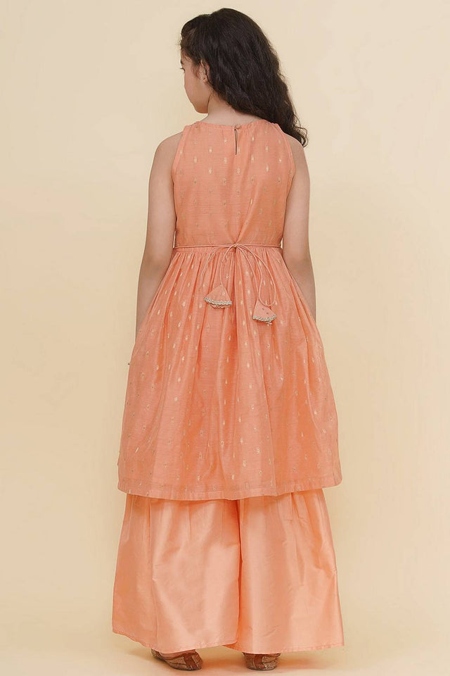 Girl's Peach Woven Silk Kurta Set