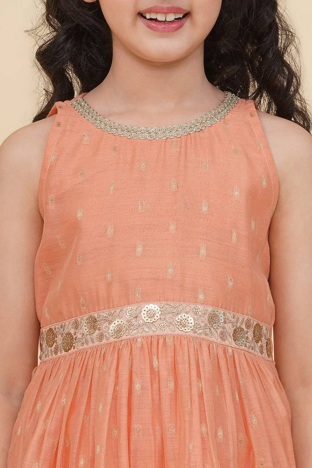 Girl's Peach Woven Silk Kurta Set