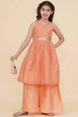 Girl's Peach Woven Silk Kurta Set