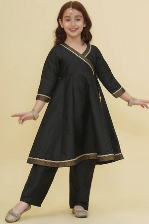 Girl's Black Solid Silk Kurta Set