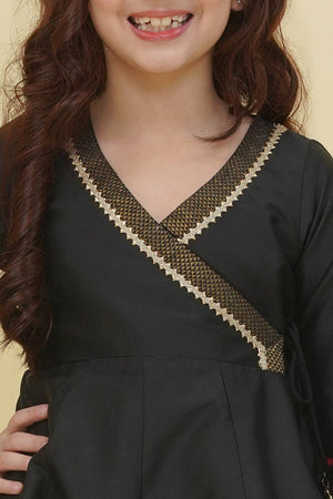 Girl's Black Solid Silk Kurta Set
