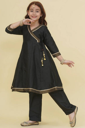 Girl's Black Solid Silk Kurta Set