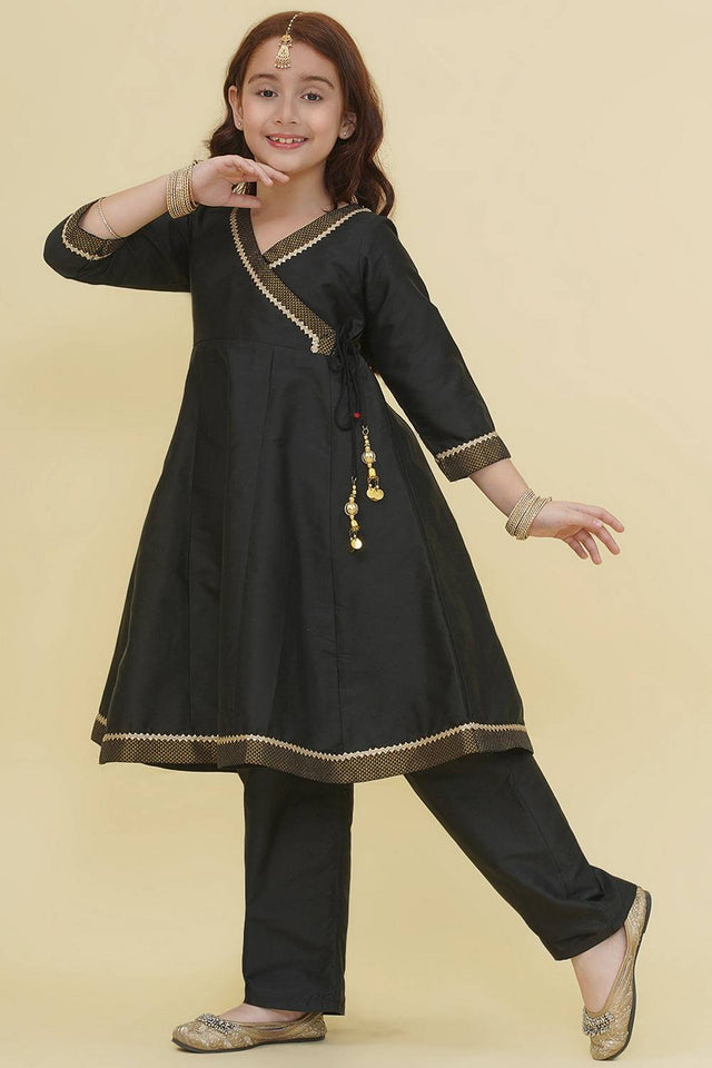 Girl's Black Solid Silk Kurta Set