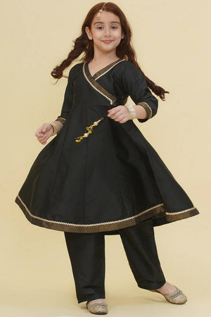 Girl's Black Solid Silk Kurta Set
