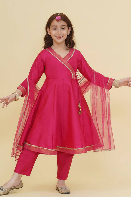 Girl's Pink Solid Silk Kurta Set