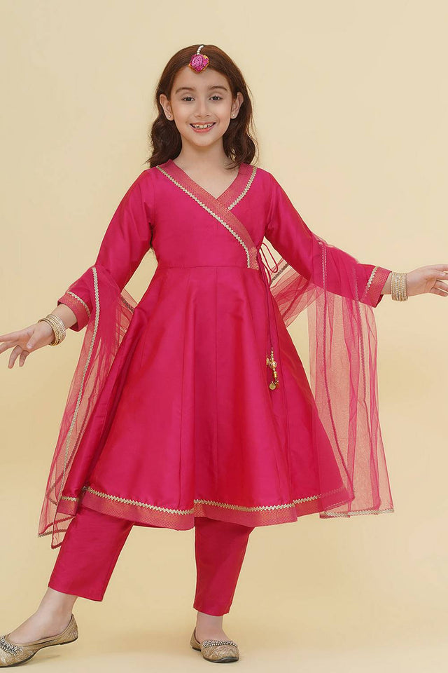 Girl's Pink Solid Silk Kurta Set