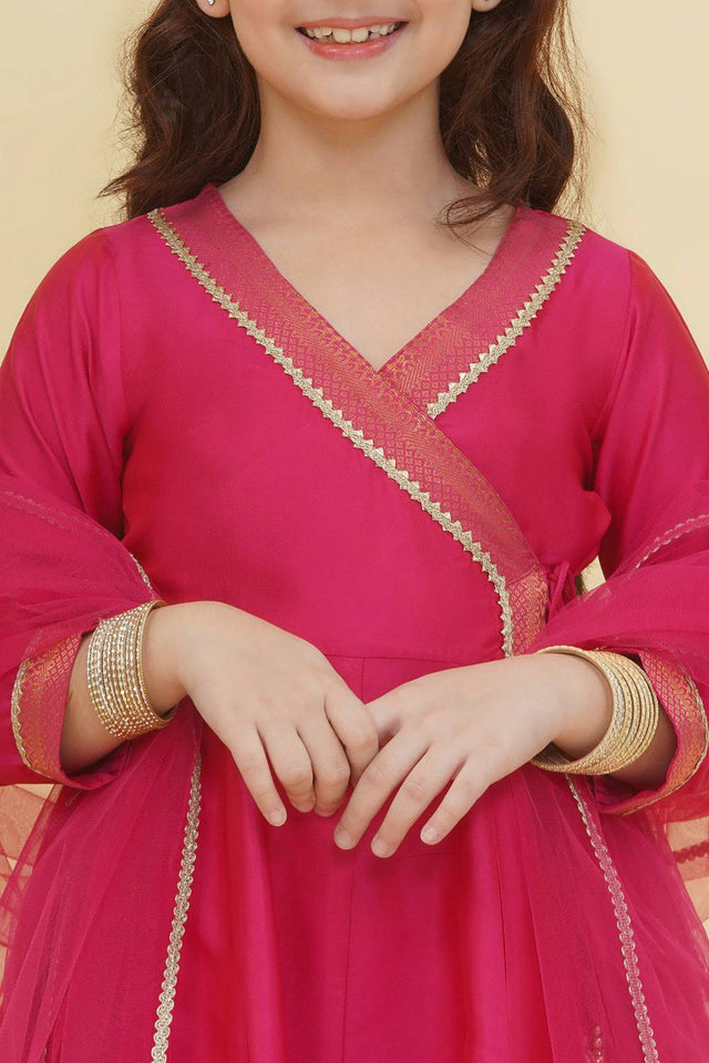 Girl's Pink Solid Silk Kurta Set