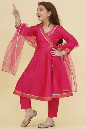 Girl's Pink Solid Silk Kurta Set