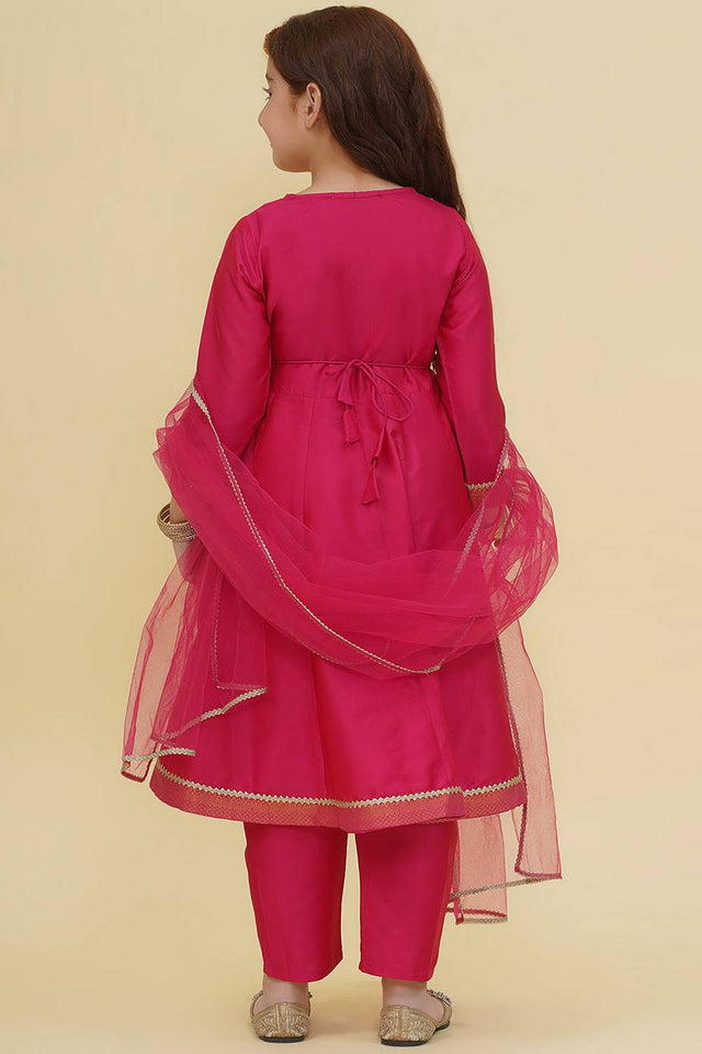 Girl's Pink Solid Silk Kurta Set
