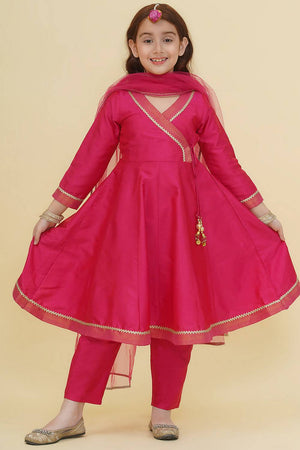 Girl's Pink Solid Silk Kurta Set