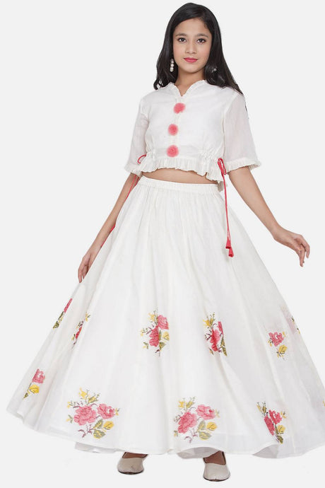 Girl's White Embroidered Silk Lehenga