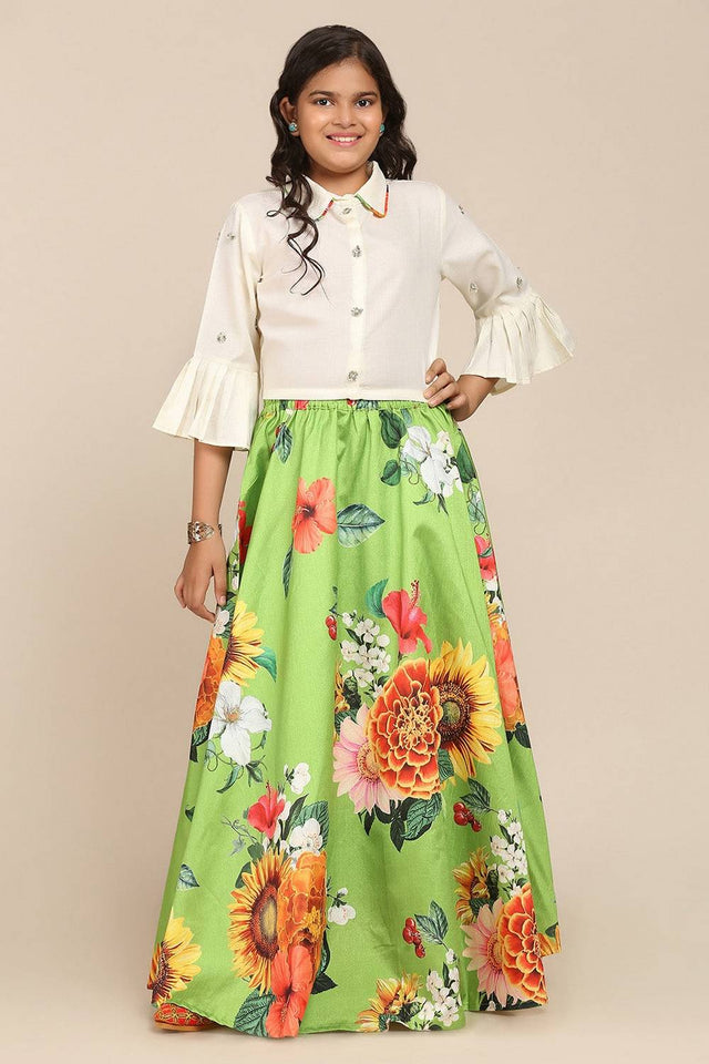 Girl's Green Floral Printed Silk Lehenga