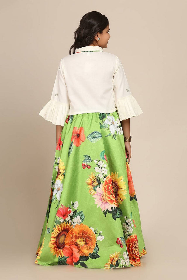 Girl's Green Floral Printed Silk Lehenga