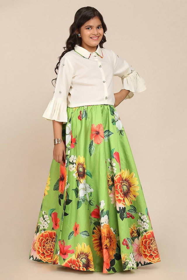 Girl's Green Floral Printed Silk Lehenga