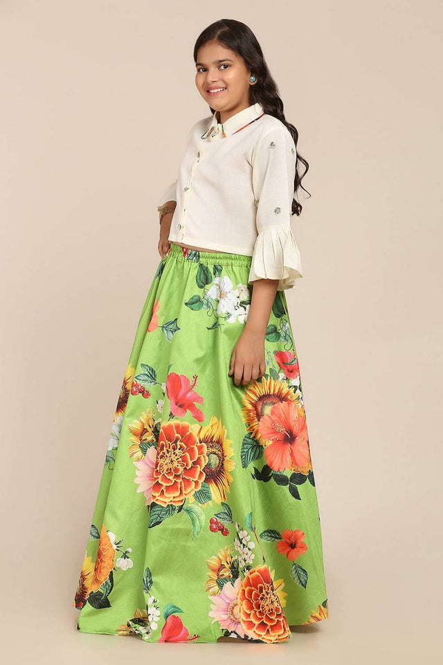 Girl's Green Floral Printed Silk Lehenga