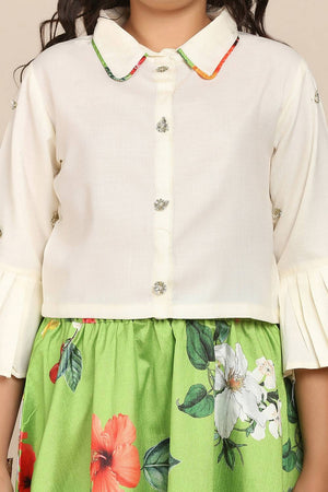 Girl's Green Floral Printed Silk Lehenga