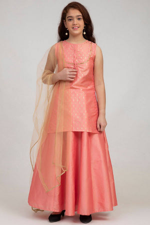 Girl's Peach Solid Silk Lehenga