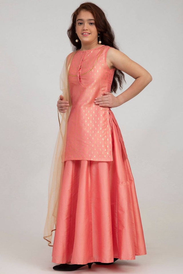 Girl's Peach Solid Silk Lehenga