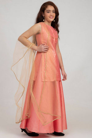Girl's Peach Solid Silk Lehenga