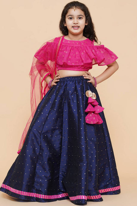 Girl's Navy Blue Foil Printed Silk Lehenga