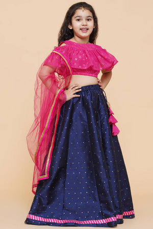 Girl's Navy Blue Foil Printed Silk Lehenga