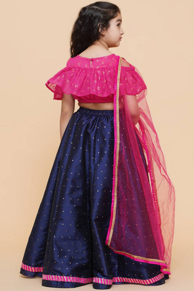 Girl's Navy Blue Foil Printed Silk Lehenga