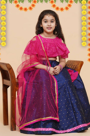 Girl's Navy Blue Foil Printed Silk Lehenga