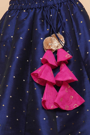 Girl's Navy Blue Foil Printed Silk Lehenga