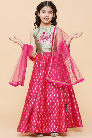 Girl's Pink Foil Printed Silk Lehenga