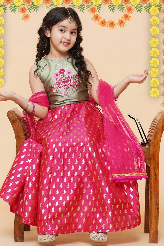 Girl's Pink Foil Printed Silk Lehenga